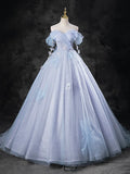 Blue Pearl Tulle Floor Length Prom Dress, A-Line Off the Shoulder Formal Party Dress HZ1024