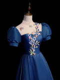 Elegant Blue Tulle Lace Long Prom Dress, Blue High Neck A-Line Evening Dress HZ1024