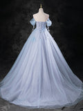 Blue Pearl Tulle Floor Length Prom Dress, A-Line Off the Shoulder Formal Party Dress HZ1024