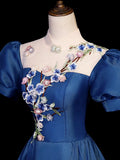 Elegant Blue Tulle Lace Long Prom Dress, Blue High Neck A-Line Evening Dress HZ1024
