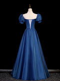 Elegant Blue Tulle Lace Long Prom Dress, Blue High Neck A-Line Evening Dress HZ1024