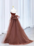Mermaid Satin Tulle Long Prom Dress, Brown Strapless Evening Party Dress HZ1024
