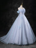 Blue Pearl Tulle Floor Length Prom Dress, A-Line Off the Shoulder Formal Party Dress HZ1024