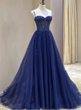 Blue Beaded Sweetheart Tulle A-line Prom Dress, Blue Long Party Dress HZ1024