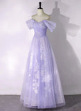 A-line Purple Tulle with Lace Off Shoulder Formal Dress, Purple Tulle Prom Dress HZ1024