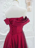 Chic Satin Long Party Dress Prom Dress, A-line Red Off Shoulder Evening Dress HZ1024