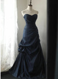 Elegant Navy Blue Vintage Style Taffeta Long Prom Dress, Navy Blue Party Dress HZ1024