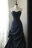 Elegant Navy Blue Vintage Style Taffeta Long Prom Dress, Navy Blue Party Dress HZ1024