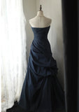Elegant Navy Blue Vintage Style Taffeta Long Prom Dress, Navy Blue Party Dress HZ1024