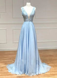 Light Blue Chiffon with Lace A-line Prom Dress, Light Blue Evening Dress HZ1024
