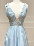 Light Blue Chiffon with Lace A-line Prom Dress, Light Blue Evening Dress HZ1024