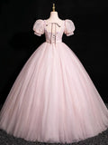 Beautiful Floral Tulle Floor Length Prom Dress, Pink A-Line Short Sleeve Evening Dress HZ1024