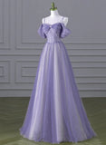 Lovely A-line Light Purple Tulle Beaded Long Party Dress, Light Purple Prom Dress HZ1024