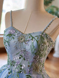 Light Blue Tulle Straps with Lace Applique Prom Dress, Light Blue Party Dress HZ1024