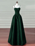 Retro A-Line Navy Blue Satin Spaghetti Straps Long Formal Dress Prom Dress Evening Dress HZ1024