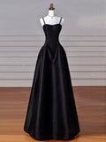 Retro A-Line Navy Blue Satin Spaghetti Straps Long Formal Dress Prom Dress Evening Dress HZ1024