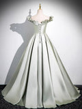 Light Green Long A-Line Princess Dress, Beautiful Off the Shoulder Evening Prom Dress HZ1024