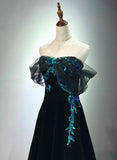 A-line Black Velvet and Tulle Off Shoulder Party Dress, Black Long Prom Dress HZ1024
