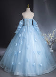 Cute Blue Tulle With Flowers Long Formal Dress, Blue Evening Gown Sweet 16 Dress HZ1024