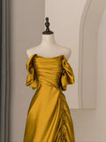 Gold Satin Off Shoulder Long Evening Dress, Gold Satin Prom Dress HZ1024
