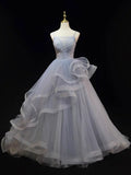 Beautiful Gray Cascading Ruffles Pearl Prom Dress, A-line Spaghetti Straps Sleeveless Backless Formal Dress HZ1024