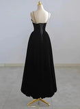 Black Velvet Straps Tea Length Party Dress, Black Velvet Homecoming Dress HZ1024