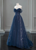 Navy Blue Sweetheart Off Shoulder Tulle Prom Dress, A-line Tulle Formal Dress HZ1024