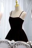 Wine Red Velvet Tea Length Party Dress, Wine Red Straps Homecoming Dress HZ1024