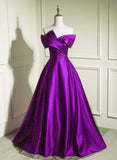 A-Line Off Shouolder Black And Purple Satin Party Dress, Long Prom Dress HZ1024
