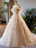Champagne Floral Tulle Long Prom Dress, Elegant A-Line Formal Evening Dress HZ1024