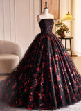 Black and Red Floral Tulle Long Party Dress, Strapless Formal Sweet 16 Dress HZ1024