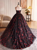 Black and Red Floral Tulle Long Party Dress, Strapless Formal Sweet 16 Dress HZ1024
