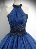 Navy Blue High Neckline Tulle Long Formal Dress, Navy Blue Ball Gown Party Dress HZ1024