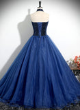Navy Blue High Neckline Tulle Long Formal Dress, Navy Blue Ball Gown Party Dress HZ1024