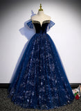 Lovely Navy Blue Tulle Off Shoulder Beaded Long Party Dress, Navy Blue Tulle Prom Dress HZ1024