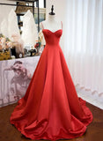 Red Satin Sweetheart Long Formal Dress, Red Satin Straps Prom Dress HZ1024