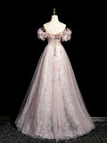 Dusty Pink Tulle Sequins Floor Length Prom Dress, Beautiful A-Line Evening Party Dress HZ1024