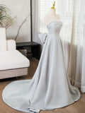Gray Strapless Satin Long Prom Dress, Simple A-Line Evening Dress HZ1024