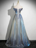 A-Line Gradient Blue Floor Length Prom Dress, Off the Shoulder Evening Party Dress HZ1024