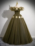 Elegant Off the Shoulder Floor Length Prom Dress, Green A-Line Tulle Formal Party Dress HZ1024