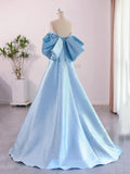 Blue Satin Floor Length Prom Dress with Bow, Beautiful A-Line Party Dress HZ1024