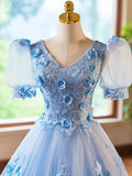 Blue Appliques Lace Flower Floor Length Prom Dresses, Beautiful V-Neck Short Sleeve Evening Dress HZ1024