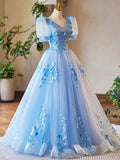 Blue Appliques Lace Flower Floor Length Prom Dresses, Beautiful V-Neck Short Sleeve Evening Dress HZ1024