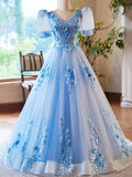 Blue Appliques Lace Flower Floor Length Prom Dresses, Beautiful V-Neck Short Sleeve Evening Dress HZ1024