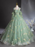 Green Floral Tulle Long Prom Dress, Beautiful A-Line Evening Formal Dress HZ1024