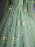 Green Floral Tulle Long Prom Dress, Beautiful A-Line Evening Formal Dress HZ1024