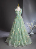 Green Floral Tulle Long Prom Dress, Beautiful A-Line Evening Formal Dress HZ1024