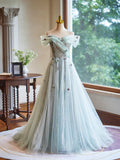 A-Line Green Floor Length Prom Dress, Beautiful Off the Shoulder Backless Evening Party Dress HZ1024