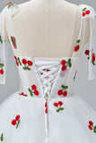 White Cherry Floor Length Prom Dresses, A-Line Ruffle Tulle Spaghetti Straps Princess Evening Dresses HZ1024