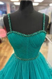 A-Line Tiered Ruffle Sweetheart Beaded Long Prom Dress, Turquoise Evening Party Dress HZ1024